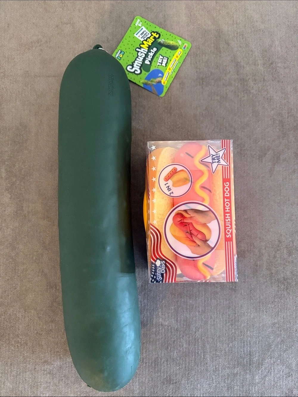 Sunny Days Squeezy Hot Dog & SmushMart Pickle Fidget Toys | New